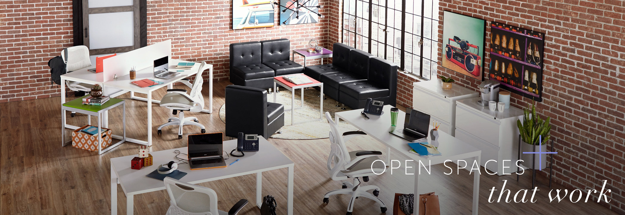 Open office space with rented furniture with words ‘open spaces that work’