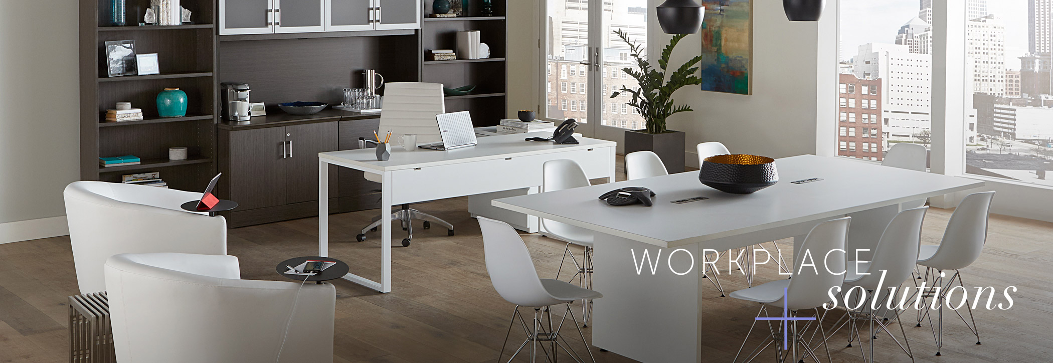 Rented furniture from AFR in office space with words ‘workplace solutions’